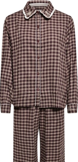 Chelsea Peers Organic Cotton Embroidered Gingham Enchanted Dreams Long Pyjama Set   BROWN   48