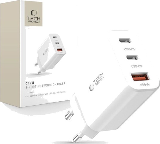 Tech-Protect Vegglader 2x USB-C PD 30W / USB-A QC 3.0 Hvit