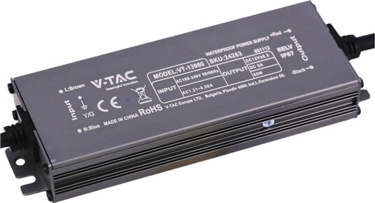 V Tac 60W / 12V DC strømforsyning 5A IP67 vanntett V Tac 60W / 12V DC strømforsyning 5A IP67 vanntett