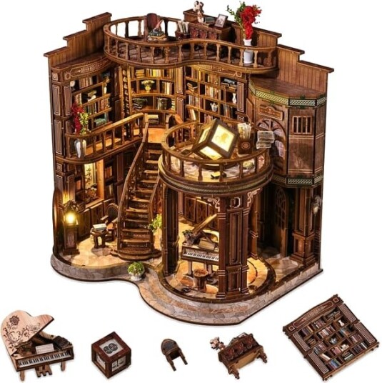 DIY Bokkrok-sett for voksne, Miniatyrdukkehus 3D Trepuslespill Bokhylledekor med LED-lys, Håndverksgave