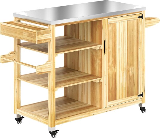 Grillvogn 6-lags serveringsvogn med arbeidsflate håndklestativ, BBQ grillbord av tre, grillsidebord, utendørs vogn, kullgrill fo