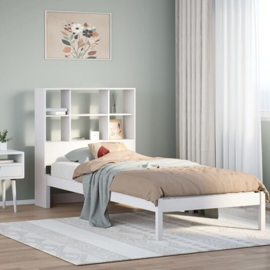 Seng med bokhylle uten madrass hvit 100x200 cm heltre furu 8721158603715