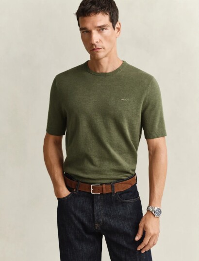 GANT Slub Cotton Linen Ss C Neck Khaki green L