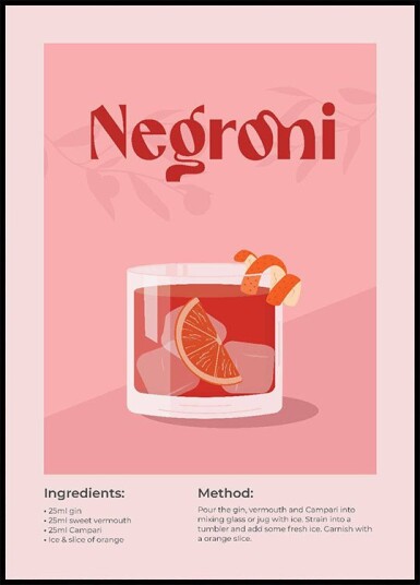 Negroni Cocktail Poster Minimalist Drink Recipe Plakat Plakat / 100x150cm