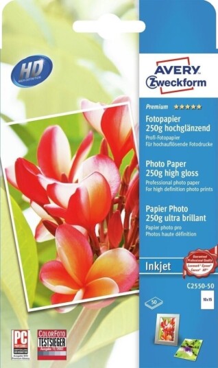 Avery C2550 50 Fotopapir 10x15 cm Høyglans 250 g/m² 50 ark Hvit