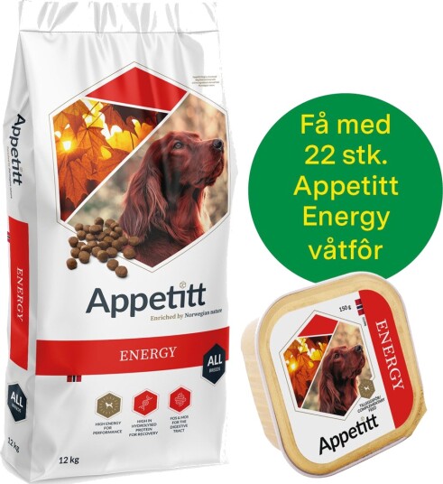 Jaktkampanje Appetitt Energy 12 kg + 22 Stk Energy Våtfôr Jaktkampanje Appetitt Energy 12 kg + 22 Stk Energy Våtfôr