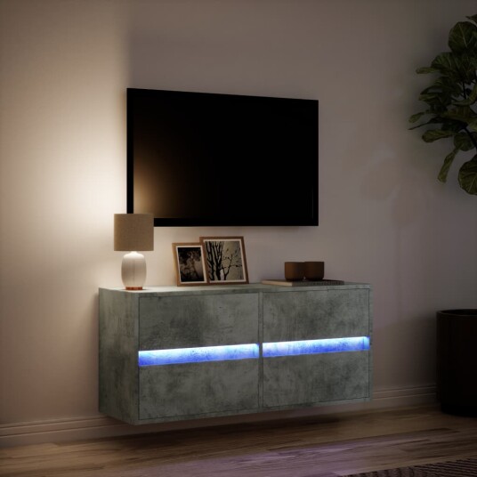 Vegghengt TV-benk med LED-lys betonggrå 100x31x45 cm 852295 Vegghengt TV-benk med LED-lys betonggrå 100x31x45 cm 852295
