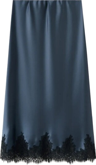 Mango Satin Skirt With Lace Trim NAVY XS