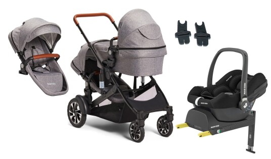 Beemoo Maxi 4 Twin Søskenvogn Inkl. Søskensete & Maxi-Cosi CabrioFix Babybilstol & Base Grey