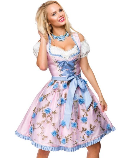 Lys Rosa Dirndl Oktoberfestkjole i Luksuskvalitet med Utformet Blomster på Forkle Strl XL