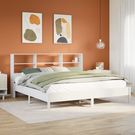  Seng med bokhylle uten madrass hvit 180x200 cm heltre furu 8721158616494