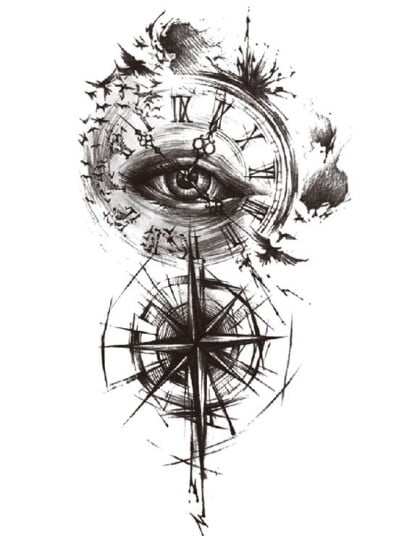 Occult Clock & Compass Fake Tattoo