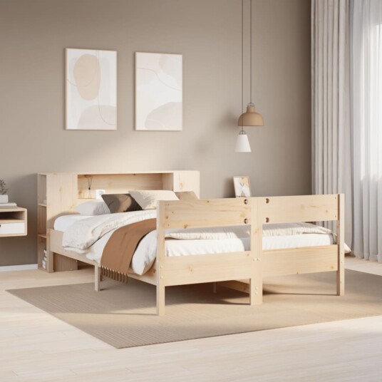 Seng med bokhylle uten madrass 160x200 cm heltre furu 8721158617293