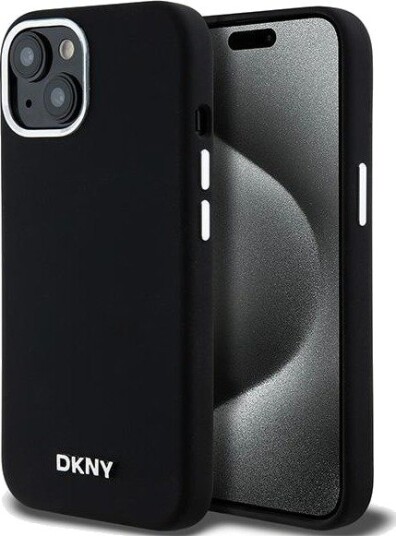 DKNY MagSafe-etui i flytende silikon med liten metalllogo for iPhone 15 Plus / 14 Plus - Svart