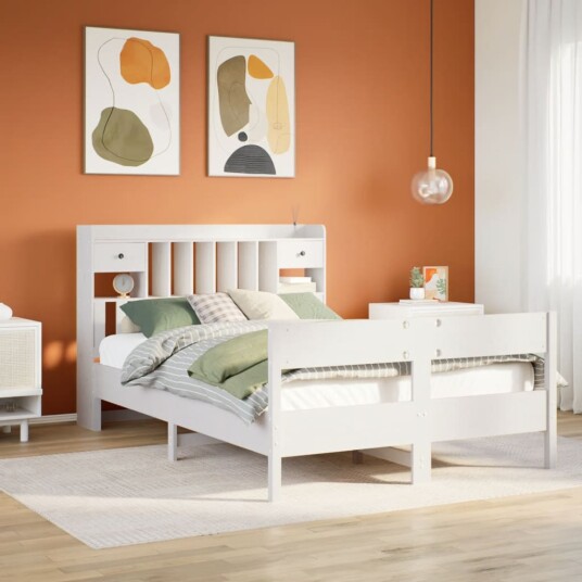  Seng med bokhylle uten madrass hvit 140x200 cm heltre furu 8721158618146