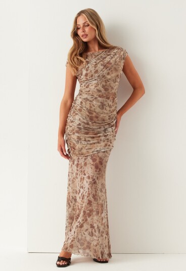 Bubbleroom Occasion Ruched Asymmetric Mesh Ankle Dress