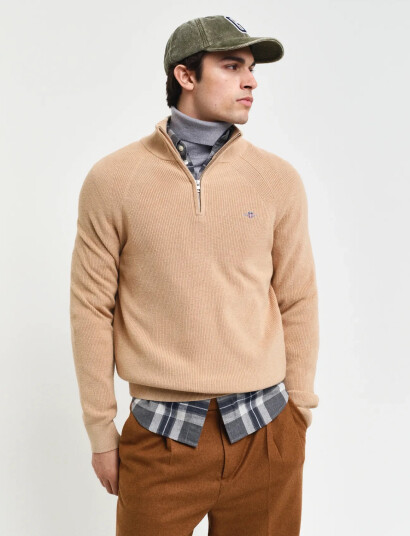 GANT Cotton Wool Rib Half Zip - Khaki green - XXL GANT Cotton Wool Rib Half Zip - Khaki green - XXL