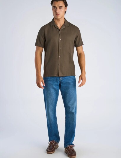 Lindbergh Solid Dobby Cotton Shirt S/S Brown L Lindbergh Solid Dobby Cotton Shirt S/S Brown L