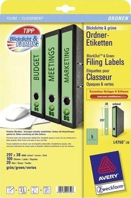 Avery L4750 - Grønn - 38 X 297 Mm 100 Stk (20 Ark X 5) Filmappeetiketter Avery L4750 - Grønn - 38 X 297 Mm 100 Stk (20 Ark X 5) Filmappeetiketter