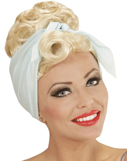 Blond Rockabilly Pin Up Parykk med Blått Hodeskjerf