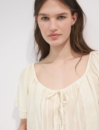 Mango Cotton Lace Blouse Beige L