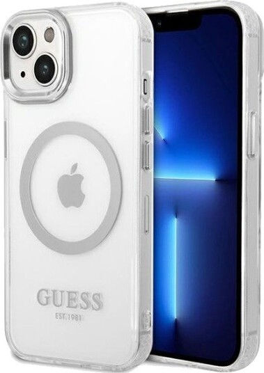 Guess iPhone 14 Plus 6,7" Hardt Deksel med MagSafe - Sølv Metall Outline
