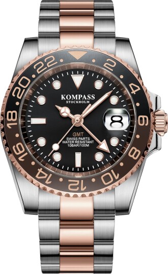 Kompass GMT Professional Sapphire Steel Rose Black Brown