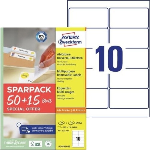 Avery L4744rev 65 Hvit Selvklebende Skriveretikett A4 Papir Laser/Blekkstråleskriver Avtagbar