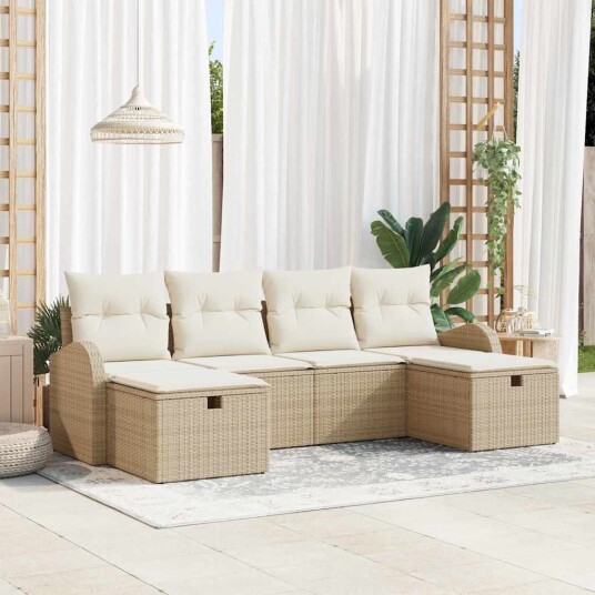 6-delt Hage Sofa Sett med Puter Beige Poly Rott
