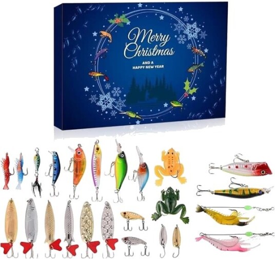Fiskekalender 2026 med 24 Agn Adventskalender med 3D Agn 24 Dagers Julekalender for Fiskeentusiaster