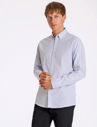 Lindbergh Striped Superflex Oxford L/S Blue XXL