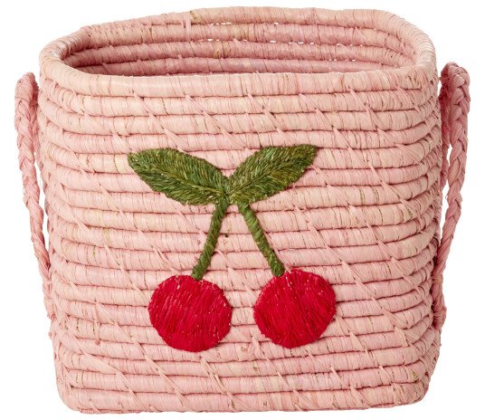 Rice Raffia Square Basket with Big Cherry Embroidery Soft Pink Small