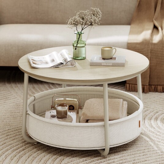 Rundt sofabord Ø75×45 cm / salongbord / stuebord med 57,7 l oppbevaringskurv – Beige/hvit