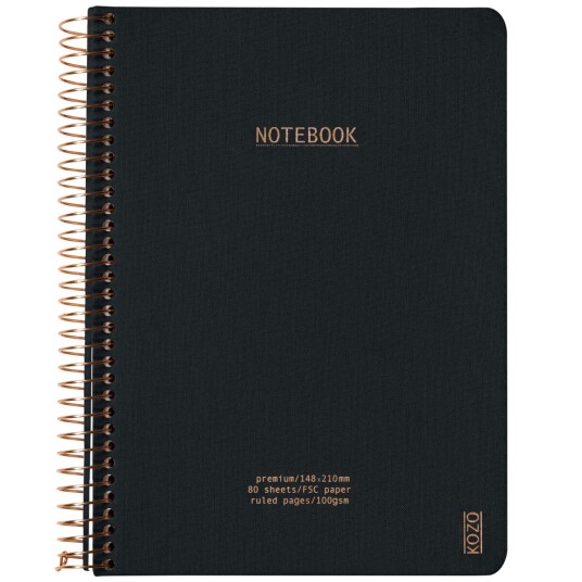 Notatbok m/spiral Kozo premium A5 Black rut.