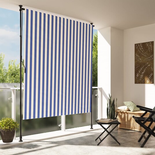 Utendørs rullegardin blå og hvit 150x270 cm stoff og stål 368766