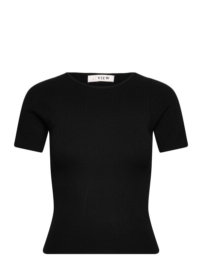 A-View Rib Knit Short Sleeve Top - Black - XL