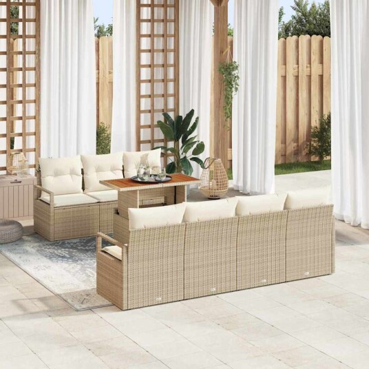 Hage Sofa Sett 8 pcs Beige og krem Medium Rattan og stoff
