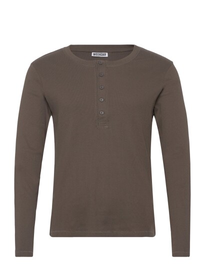 Weekday Long Sleeved Henley T Shirt Brown M Weekday Long Sleeved Henley T Shirt Brown M