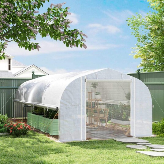 Drivhus 6 x 3 x 2 m filmdrivhus med 8 vinduer og dører, opprullbare sidevegger, UV-bestandig filmtunnel, tomathus med galvaniser Drivhus 6 x 3 x 2 m filmdrivhus med 8 vinduer og dører, opprullbare sidevegger, UV-bestandig filmtunnel, tomathus med galvaniser