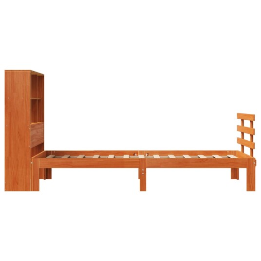 Seng med bokhylle uten madrass voksbrun 75x190 cm heltre furu 8721158615541
