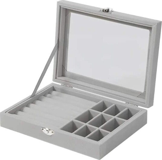 Herzberg HG 05361: Fløyelsmykkebeholder med glasslokk 9 rutenett + 7 ringspor