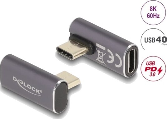 Delock Usb Adapter Usb C Hann Venstreivinklet Til Usb C Hunn Usb 3.2 Gen 2 / Displayport 1.4 /Thunderbolt 3 20 V 5 A Støtte For Power Delivery 3.0 Hurtiglading Opptil 100W Up To 40 Gbps Data Transfer Rate 8K 60Hz Støtte Antrasit
