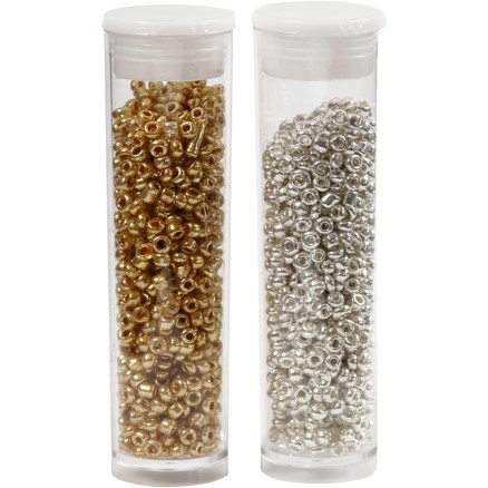 Diverse Rocaillesperler dia 1,7 mm str 15 0 hullstr 0,5 0,8 mm gull sølv 2x7 g 1 pk