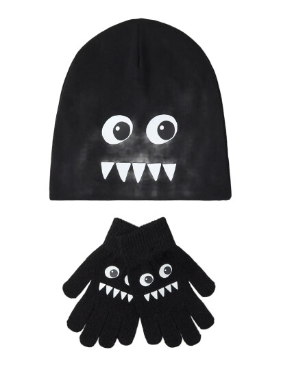 Lindex Jersey Beanie And Magic Gloves - Black - 2-4