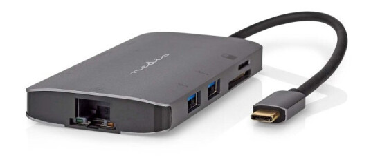 Nedis USB Multi-Port Adapter | USB 3.2 Gen 1 | USB-C™ Hann | HDMI™ Output / Micro SD / RJ45 Hun / SD / USB-C™ Hunn / 3x USB-A Hunn | 5 Gbps | 0.20 m | Rund | Gull belagt | PVC | Antrasitt | Boks