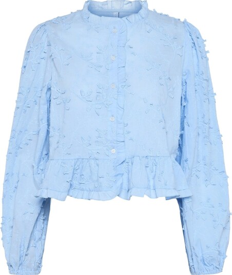 Mango Embroidered Blouse With Frill Detail Blue M