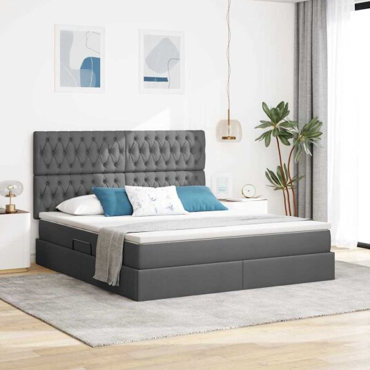 Seng med Oppbevaring med madrass Mørkegrå 160 x 200 cm Kunstlær Seng med Oppbevaring med madrass Mørkegrå 160 x 200 cm Kunstlær