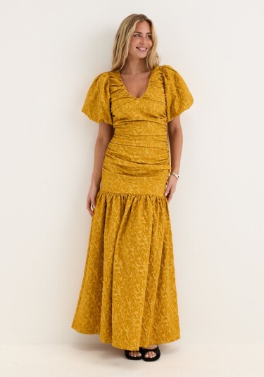 Bubbleroom Occasion Puff Sleeve V neck Jaqcuard Gown