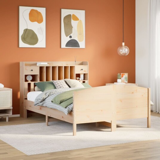Seng med bokhylle uten madrass 140x190 cm heltre furu 8721158619365