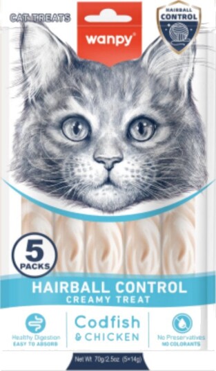 Wanpy Cat Functional Creamy Lickable Treat Hairball Codfish & Chicken 70 g 5x14 g 70 g 5x14 g